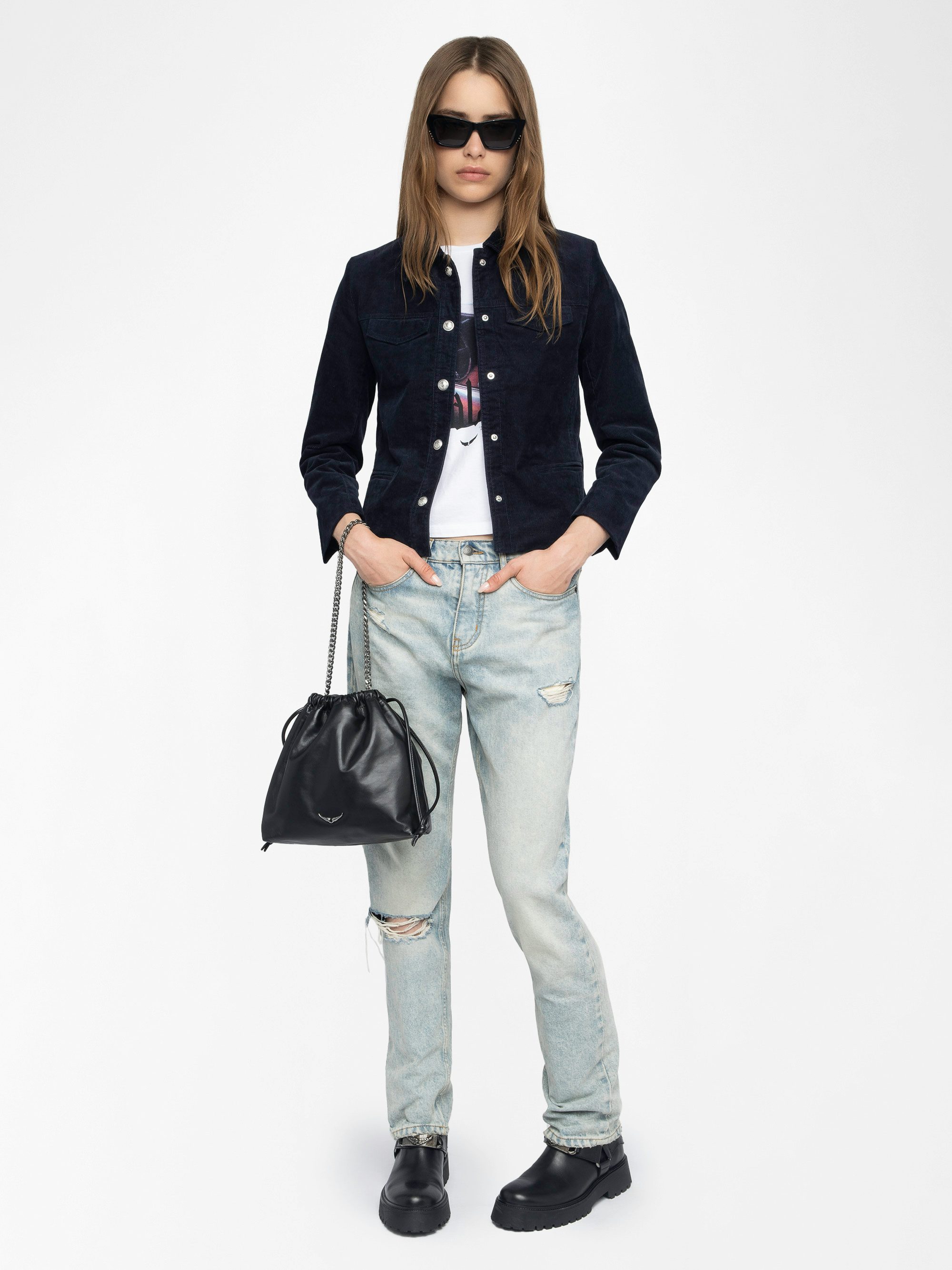 Liam Corduroy Jacket - Corduroy jacket in plain colour, long sleeves, multiple pockets, button fastening and embossed wings on the back.